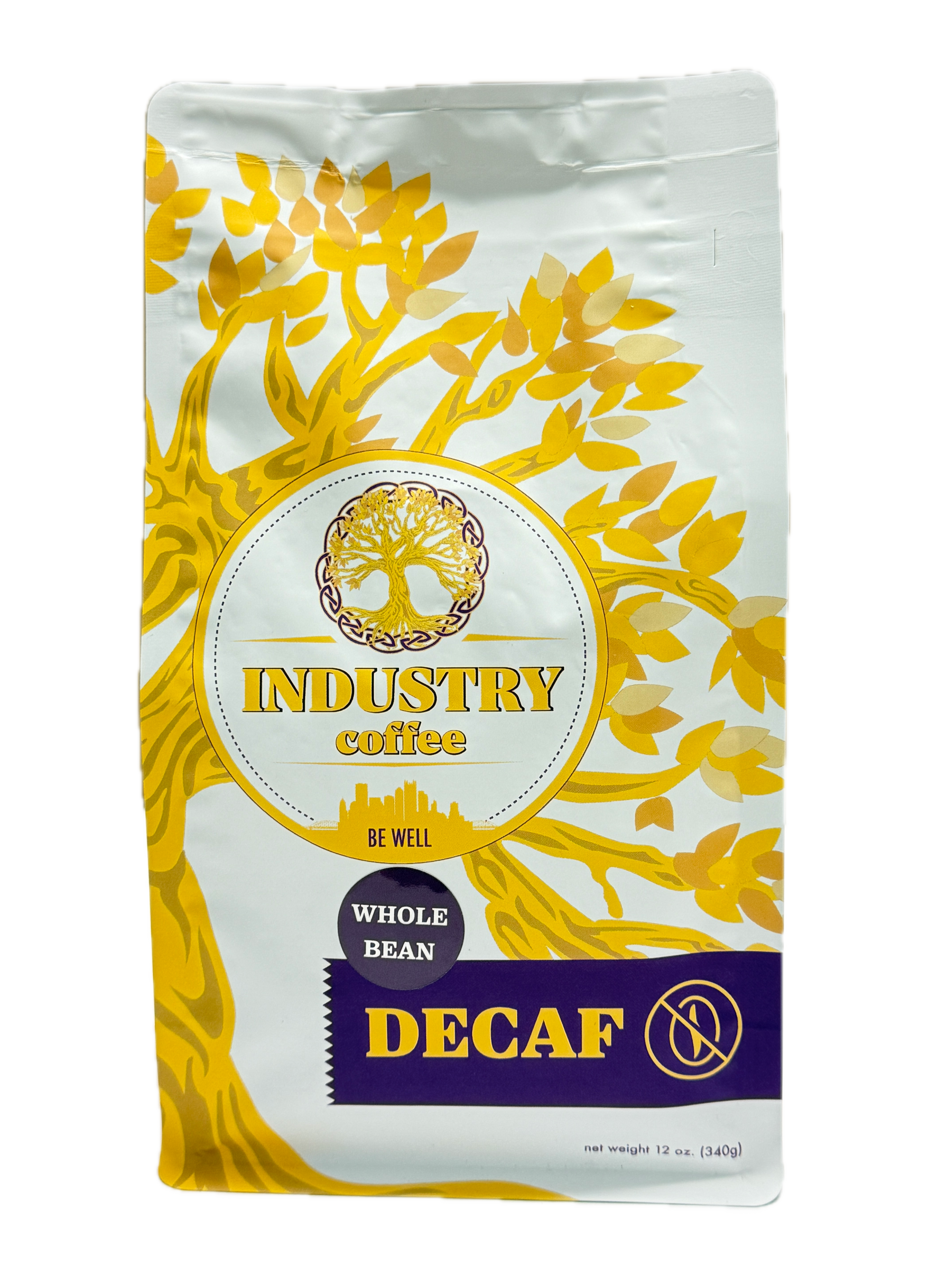 Industry Coffee decaf whole bean package with yellow and white design