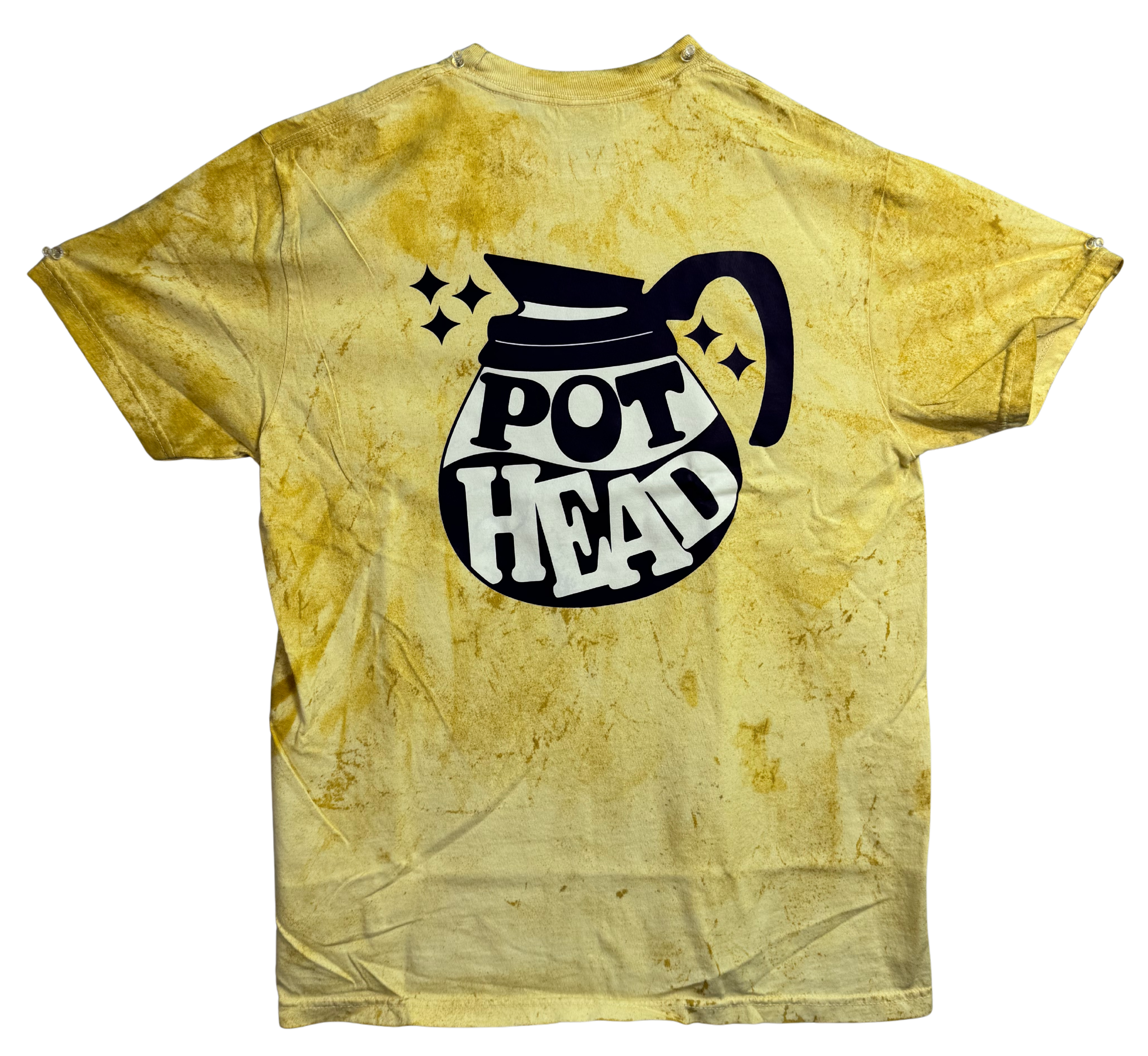 Yellow tie-dye t-shirt with 'POT HEAD' design on a white background